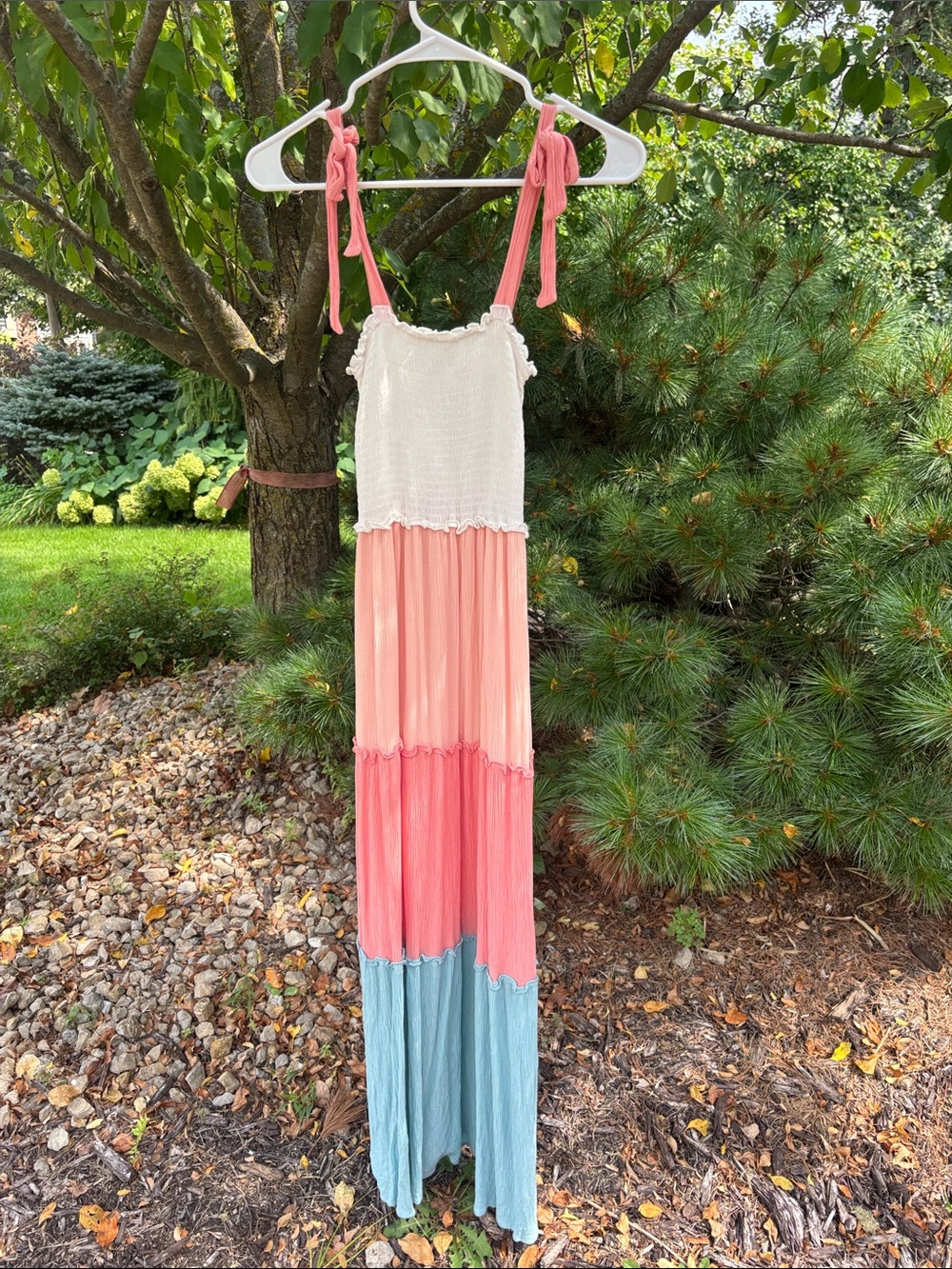 BeBop Tiered Maxi Dress in Cream, Peach, Pink & Blue